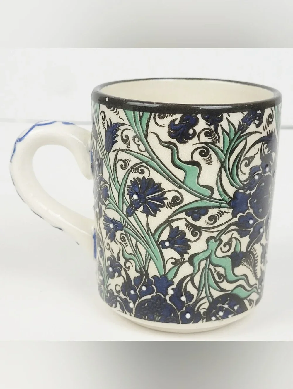 Nakkas Ceramic Hand Painted Mug~Iznik Style Turkey~Blue Green Floral~Set of 2
